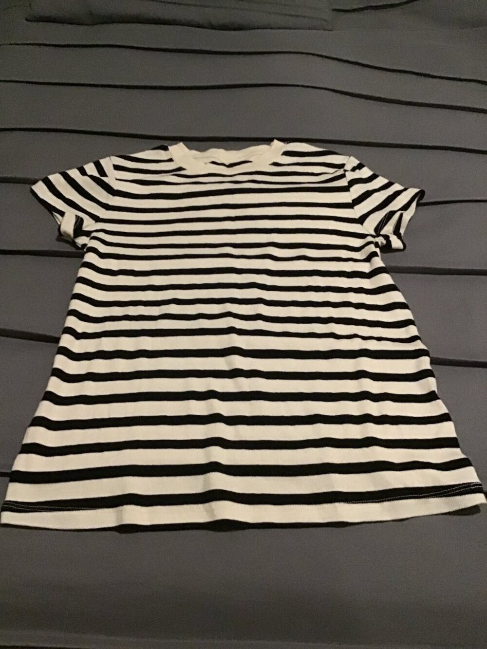 Black White Striped Short Sleeve Top Size L Casual Classic